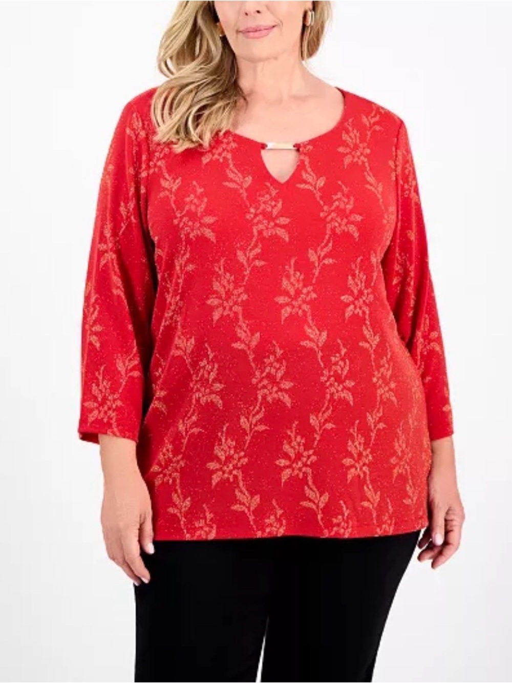 JM Collection Women Red Floral Metallic Jacquard Top 3/4-Sleeve Plus Size 1X